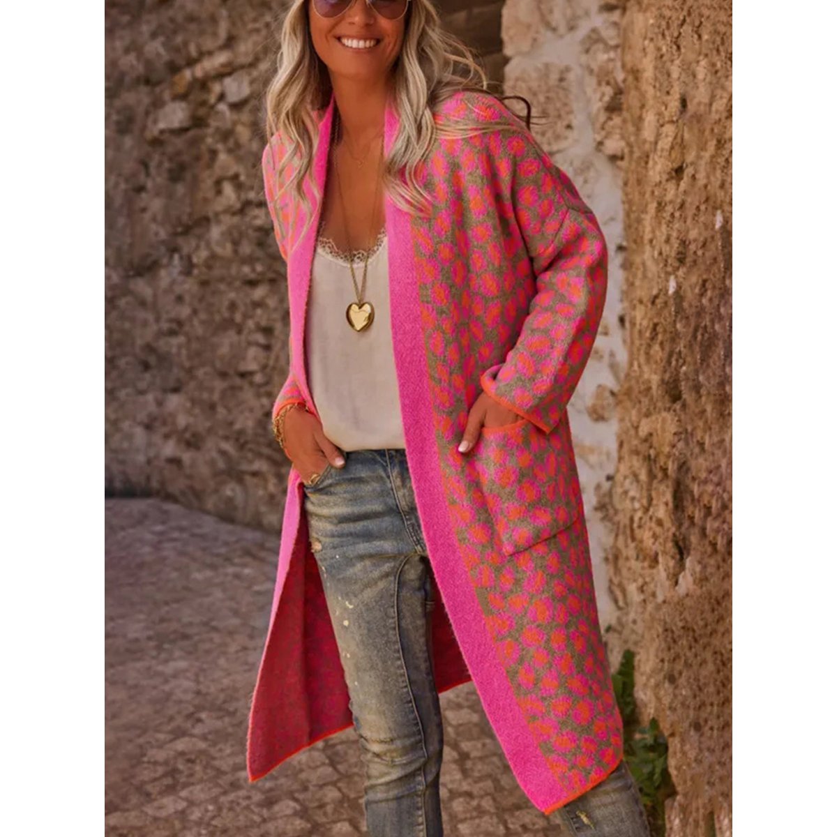 Kontrastfarve Leopard Print Lang Strik Mode Retro Pocket Sweater Damefrakke