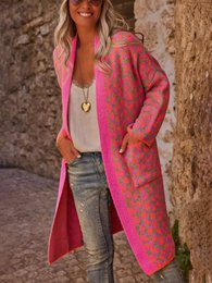 Kontrastfarve Leopard Print Lang Strik Mode Retro Pocket Sweater Damefrakke