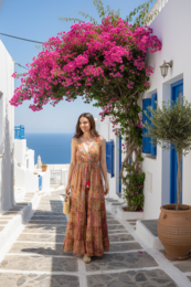A long, floral print dress with a v-neck and sleeveless design. The dress features a vibrant, colorful pattern with shades of pink, orange, and blue.