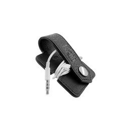 K0019AB | Enrollador de cable de piel auténtica de plena flor con flor clara. Color negro.Cierre con botones a presión. Dimensiones cerrado: 6x6x1 cm. Embalaje: Caja de regalo con tapa/fondo rígido