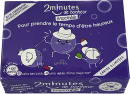 A board game titled "2 minutes of happiness together! Intergenerational" for playing with family or friends. The game appears to focus on positive psychology principles.