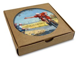 6 round coasters featuring vibrant illustrations of a person riding a motorcycle through a field, a group of people in a rural setting, and other whimsical scenes.