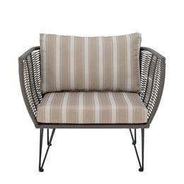Mundo lounge chair, green metal frame with striped beige and white cushion, suitable for outdoor garden or patio seating.