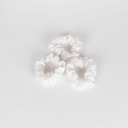 Ivory white textured scrunchies set of three, ruffled fabric hair accessories, available in large and small sizes.