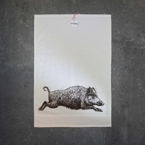 Kitchen towel terry white with wild boar