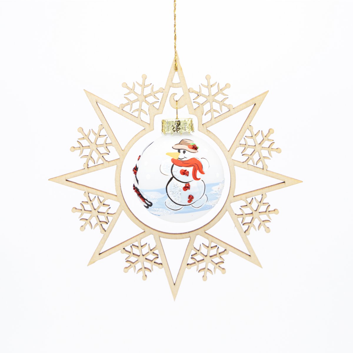 Holzstern mit Weihnachtskugel Schneemann