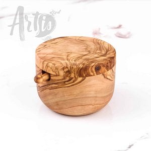 Handmade Olive Wood Salt Cellar with Lid & Spoon