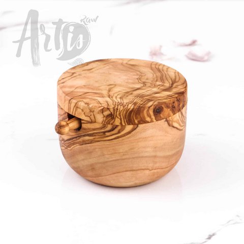 Handmade Olive Wood Salt Cellar with Lid & Spoon