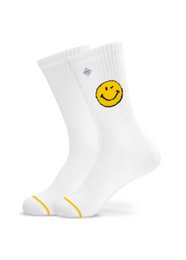 White socks with a yellow smiley face graphic. The socks appear to be made of a soft, breathable material and have a ribbed texture. They are suitable for everyday wear and can be worn with a variety of casual outfits.