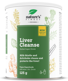 Liver Cleanse supplement in a green and white container. Contains natural ingredients to support liver health and function.