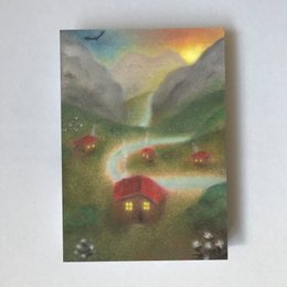 Fairytale 'Village' Waldorf card featuring a whimsical landscape with colorful houses, a winding path, and a serene atmosphere.
