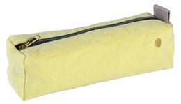  A rectangular yellow pencil case with a zipper closure.
