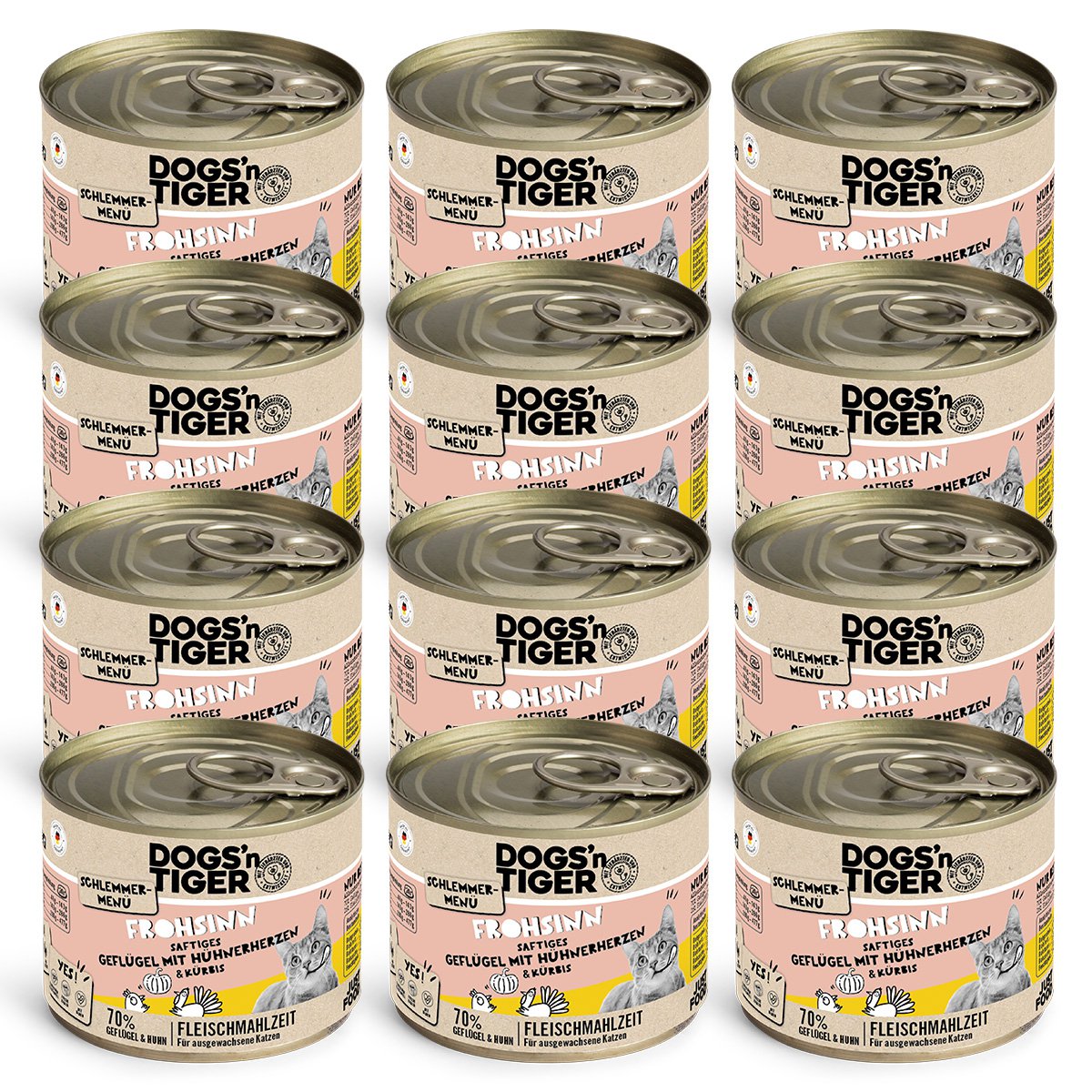 Dogs’n Tiger Adult, cibo per gatti, Frohsinn, cibo umido per gatti, senza cereali, pollame e zucca