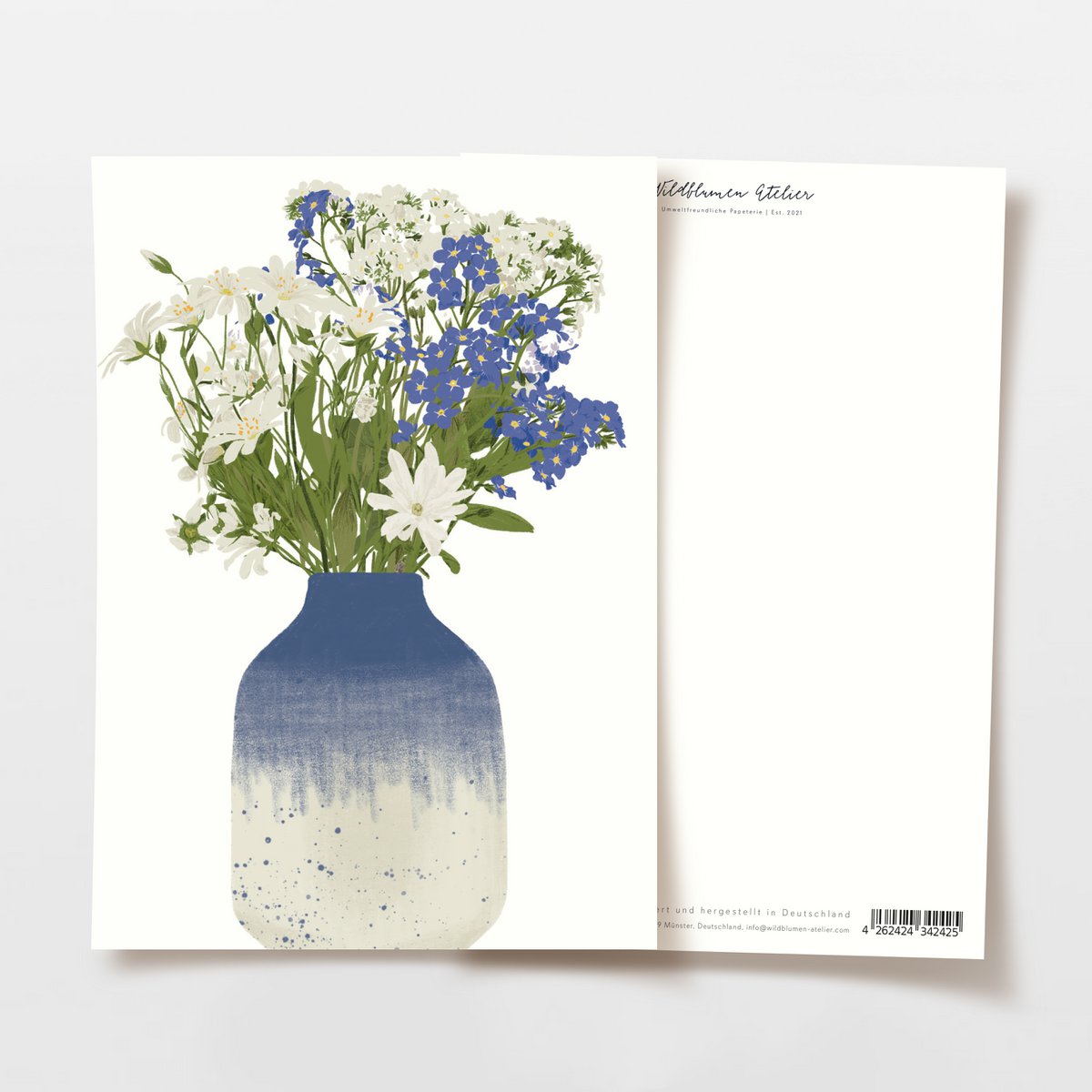 Postcard blue vase with blue and white wildflowers