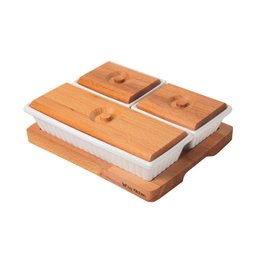 Set of 3 wooden tapas dishes in a modern, minimalist design. The dishes feature a square shape with circular cutouts, made from light-colored wood. Suitable for serving small appetizers or snacks.