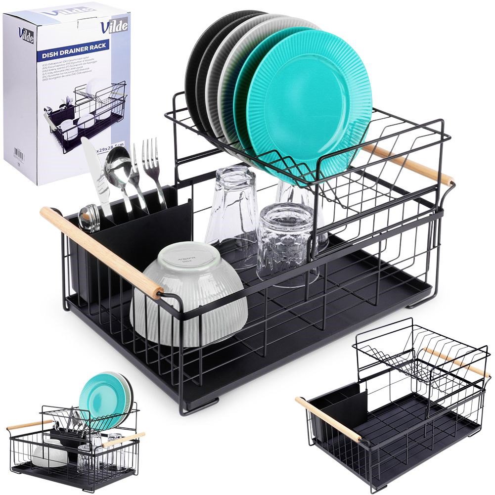 Dish drying rack black two-tier metal 48x29x28.5 cm
