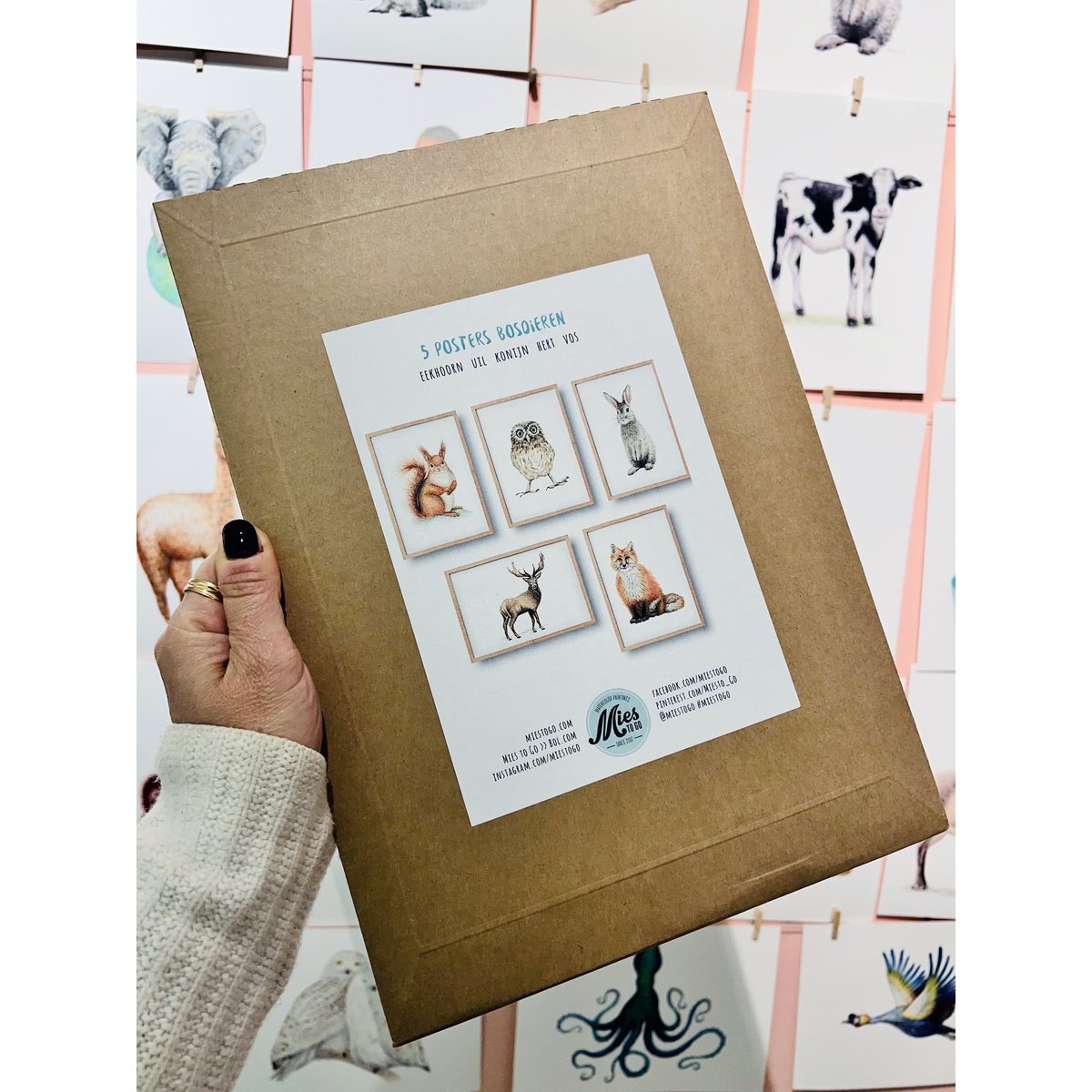 5 Dierenposters bosdieren - A4 - babykamer kinderkamer - kraamcadeau - wanddecoratie - handgeschilderd door Mies met aquarel