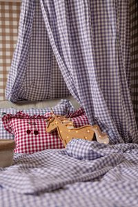 Lavender gingham bed linen with cherry-shaped embroidered appliqué | pillowcases 150×200, 50×60 cm