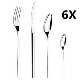 A set of 24 stainless steel cutlery pieces including 6 table knives, 6 table forks, 6 table spoons, and 6 tea spoons.