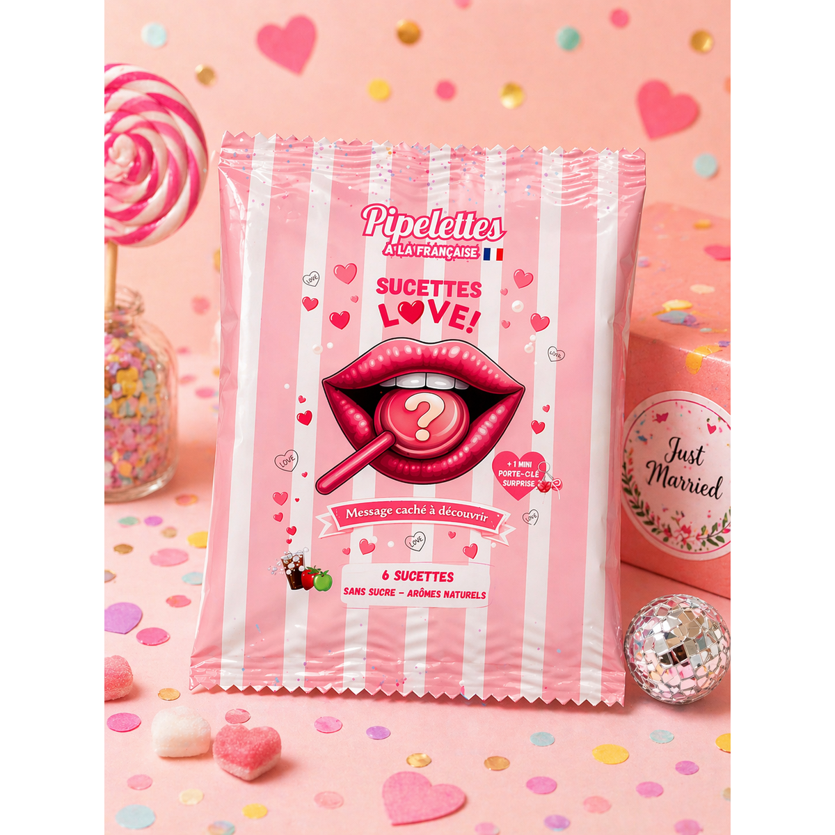 Box of personalized “LOVE” themed lollipops