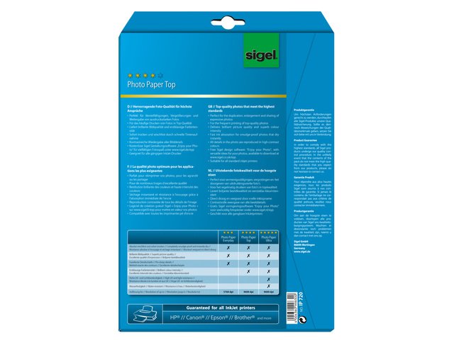 Inkjet photo paper Sigel A4 Top 190grs high white 20 sheets high gloss
