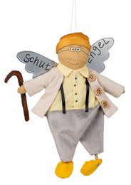 "Decorative keychain featuring a guardian angel figure with a cane and wings. The angel has a friendly, cartoon-like design with a yellow head and gray clothing."