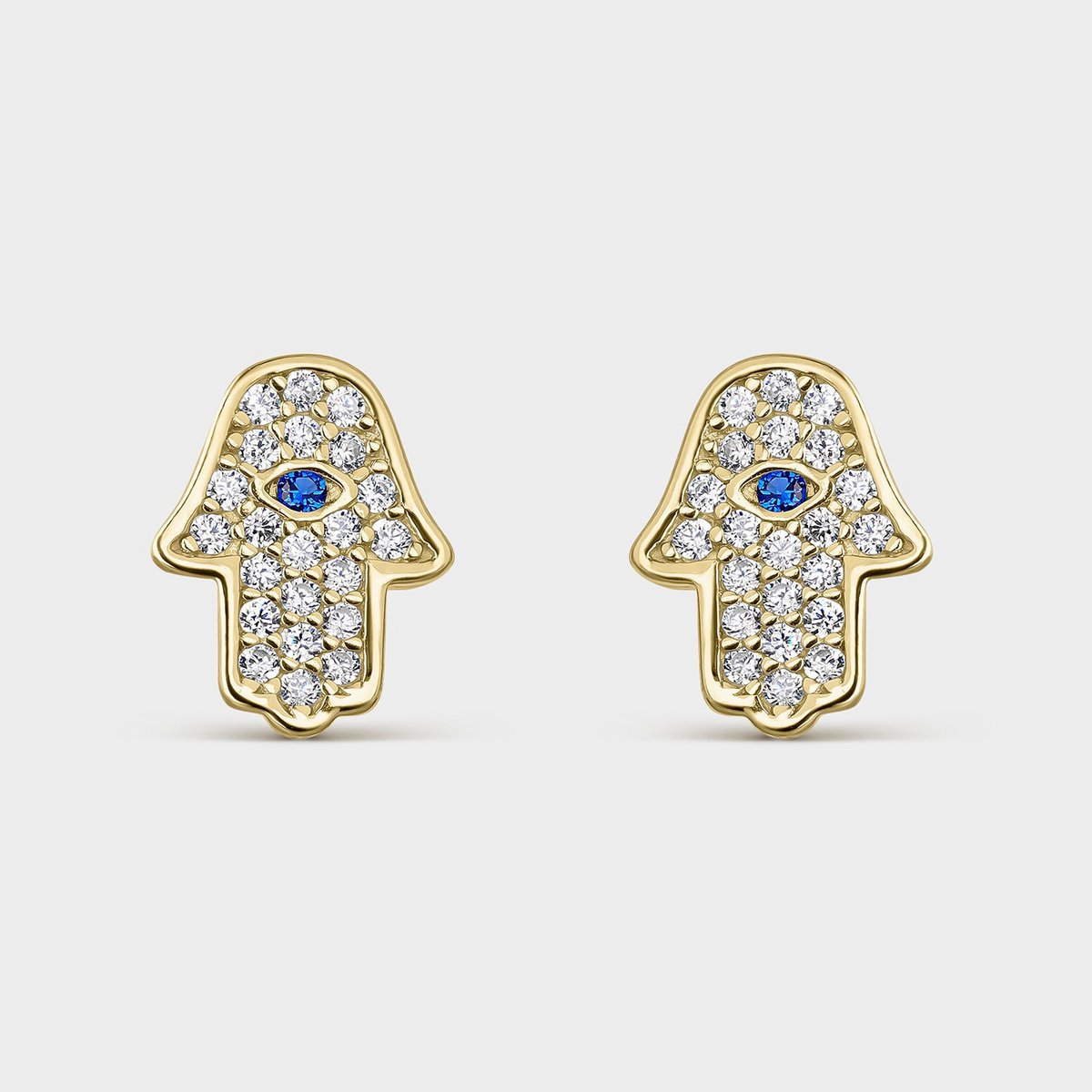 OHRRINGE MIT BLAUEM ZIRKONIA UND VERGOLDETER SILBERNER HAND DER FATIMA