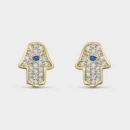 OHRRINGE MIT BLAUEM ZIRKONIA UND VERGOLDETER SILBERNER HAND DER FATIMA