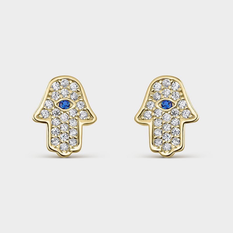 OHRRINGE MIT BLAUEM ZIRKONIA UND VERGOLDETER SILBERNER HAND DER FATIMA