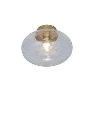 Circular glass ceiling light fixture with a gold-colored base and transparent glass shade.