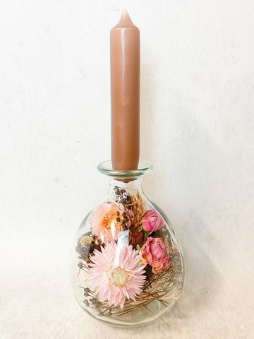 Glass bottle with candle, div. color options