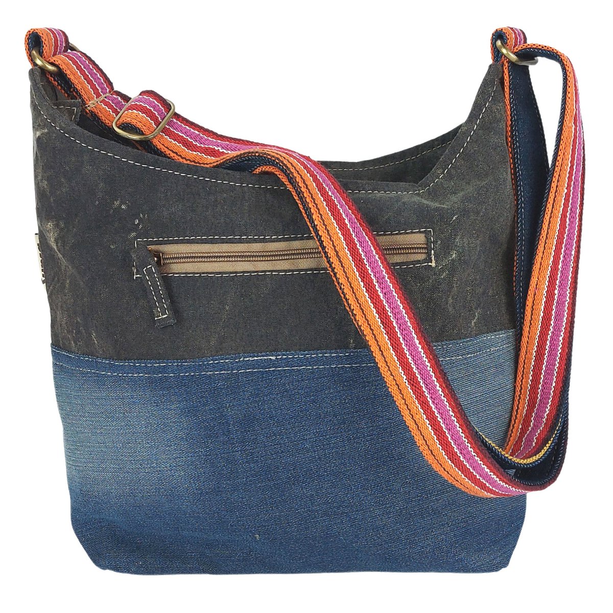 Sunsa schoudertas van upcycled jeans & canvas, vegan damestas