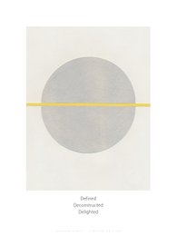 A circular gray and yellow abstract artwork on a white background.