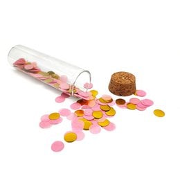 Neon pink money gift tube with pink and gold confetti, cork stopper, cylindrical shape