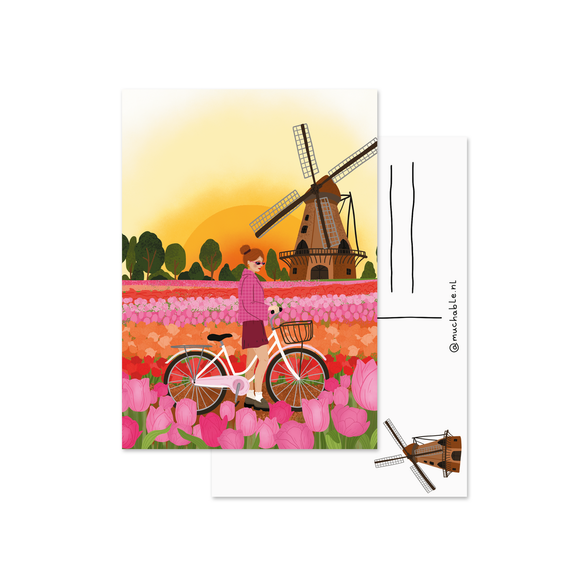 Postal - Ilustración Vrouw Tulpenvelden Molen con bicicleta