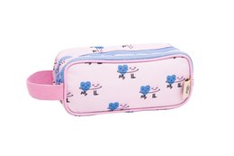 A pink pencil case with a zipper closure, featuring a repeating pattern of blue hearts and stars. The case has a rectangular shape and appears to be made of a soft, textured material.