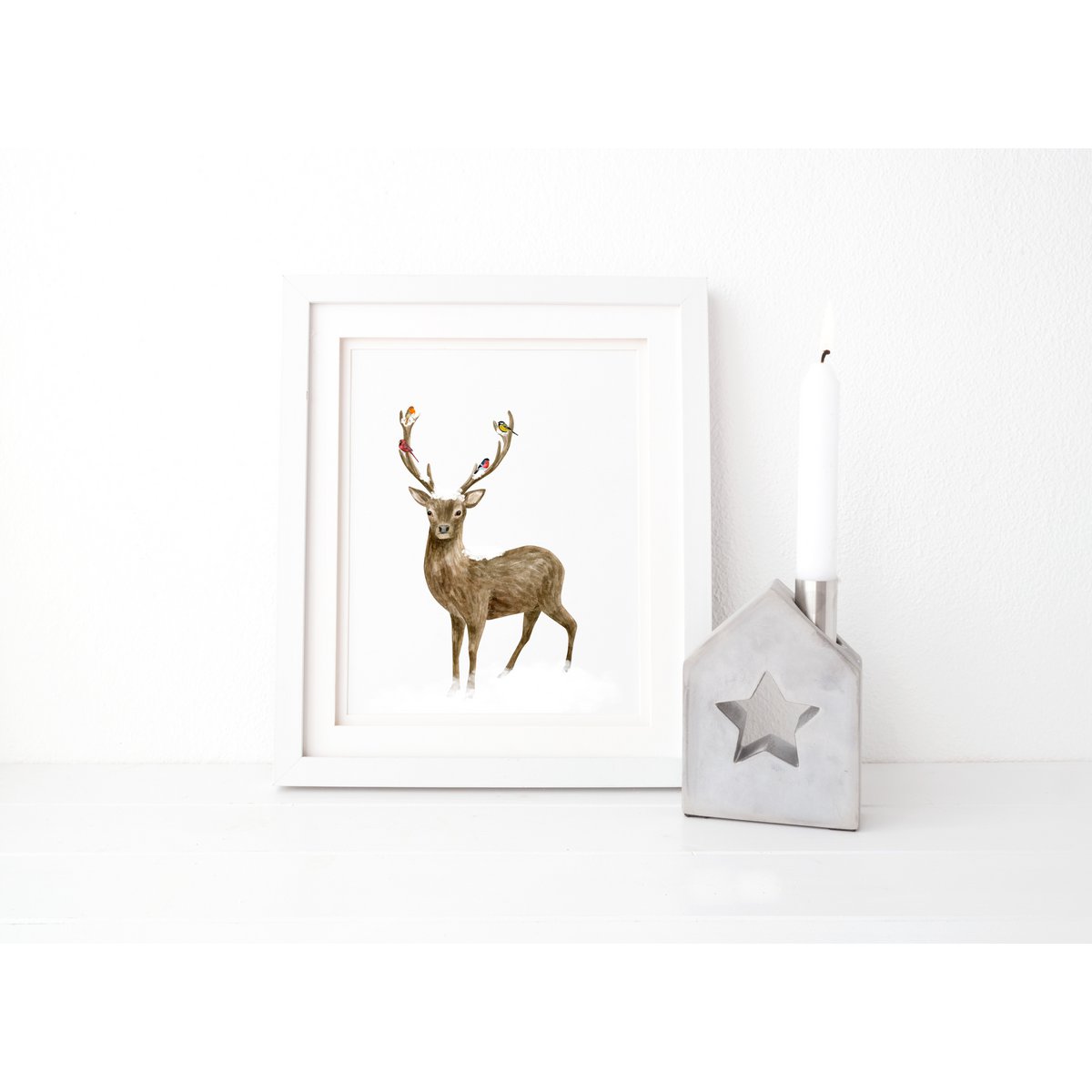 Deer and birds poster, botanical Christmas poster, deer poster, Christmas print, reindeer Christmas decor, Christmas poster