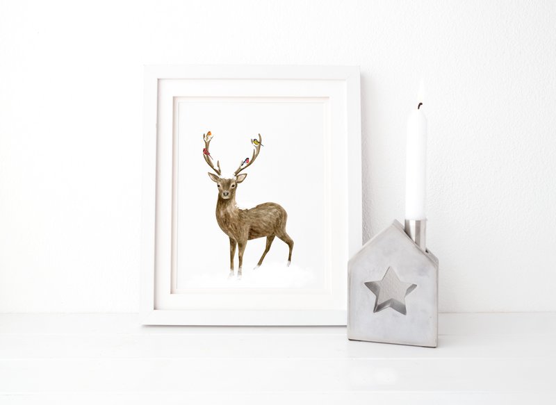 Deer and birds poster, botanical Christmas poster, deer poster, Christmas print, reindeer Christmas decor, Christmas poster
