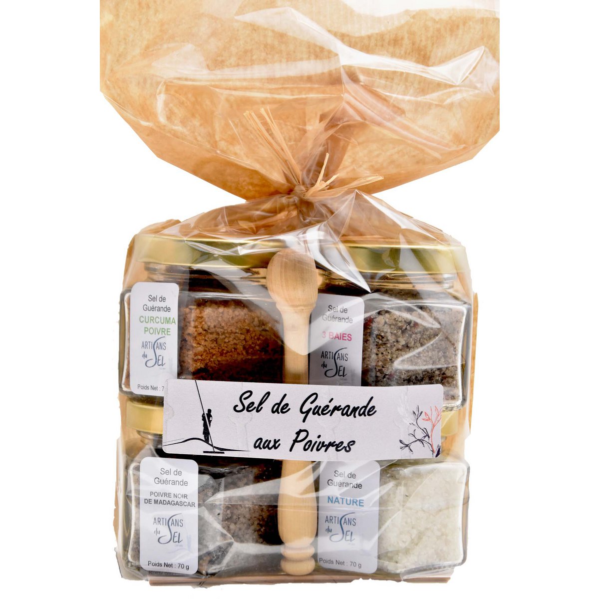 Viele Guérande -Salz mit Paprika + BIOS -Schaufel - 4*70gr | Salzhandwerker