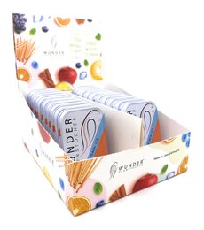 "Metal tin display box with colorful fruit flavors: peach, grape mint, orange cinnamon, cherry menthol, ice candy, blueberry, pineapple, apple."