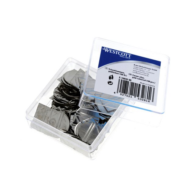 Clips de esquina Westcott de plástico plateado. caja 100 piezas