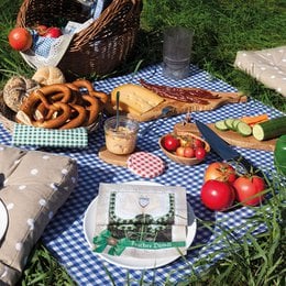 A blue and white checkered tablecloth with various picnic items such as a basket, bread, and apples on a grassy surface.