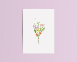 Colorful bouquet of flowers on a thank you card, featuring a variety of blooms in shades of pink, yellow, and green.