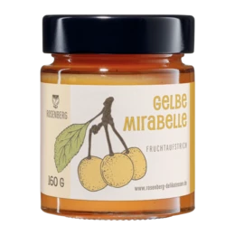 Sweet and tangy yellow mirabelle plum jam in two sizes, 113g and 240g. Made with high-quality ingredients.