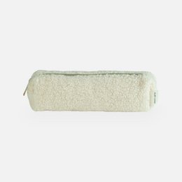  Beige teddy bear-shaped pencil case made of soft, plush material. Ideal for storing pens, pencils, and other small stationery items.