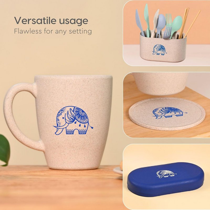 Regali di nozze ecologici per coppie Ecofy | Set da 1 | Regali realizzati con biocomposito di buccia di riso | Tazza e portachiavi stampati con elefante | 300ml| Certificato TUV del castello di sabbia