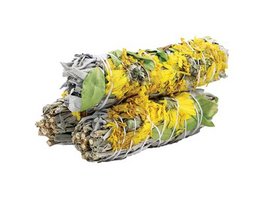 A bundle of sage incense sticks with sunflower petals, featuring a cylindrical shape and a mix of yellow, green, and brown colors.