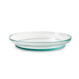 "Round shallow serving plate, clear glass with green tinted rim, modern minimalist design"