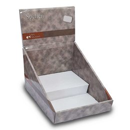  "Gray cardboard display box, 24-compartment organizer, retail product stand, empty shelving unit"