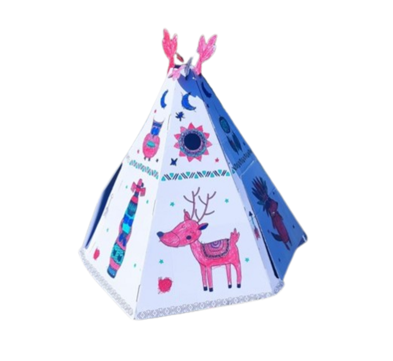 Pap playhouse til børn, teepee -telt, DIY, til konstruktion og farvelægning, 3+